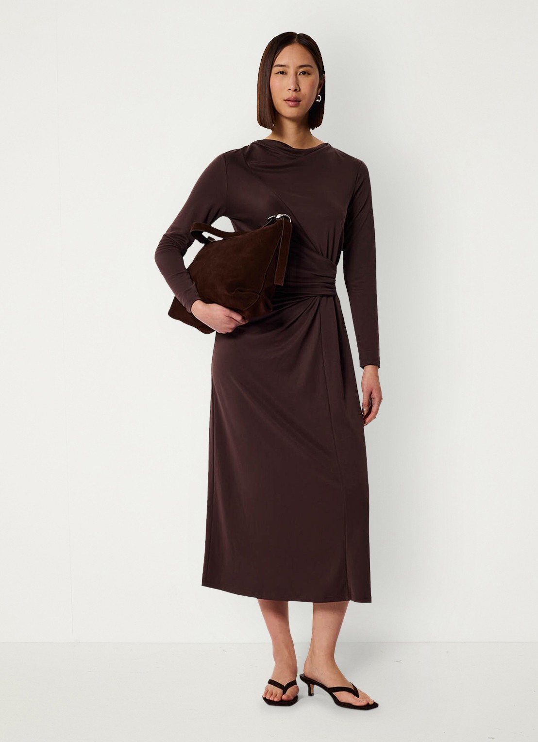 Whistles Ruched midi jurk met plooien  - voorkant 3 bruin