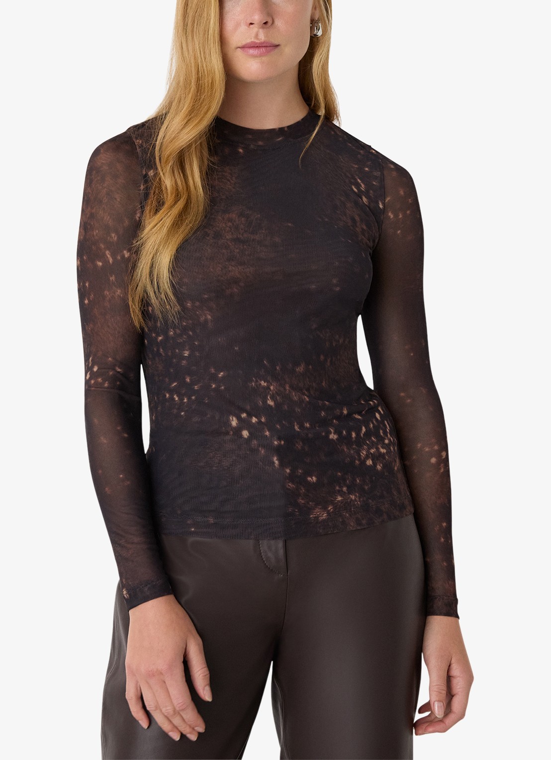 Whistles Semi-transparante top van mesh met print - detail bruin