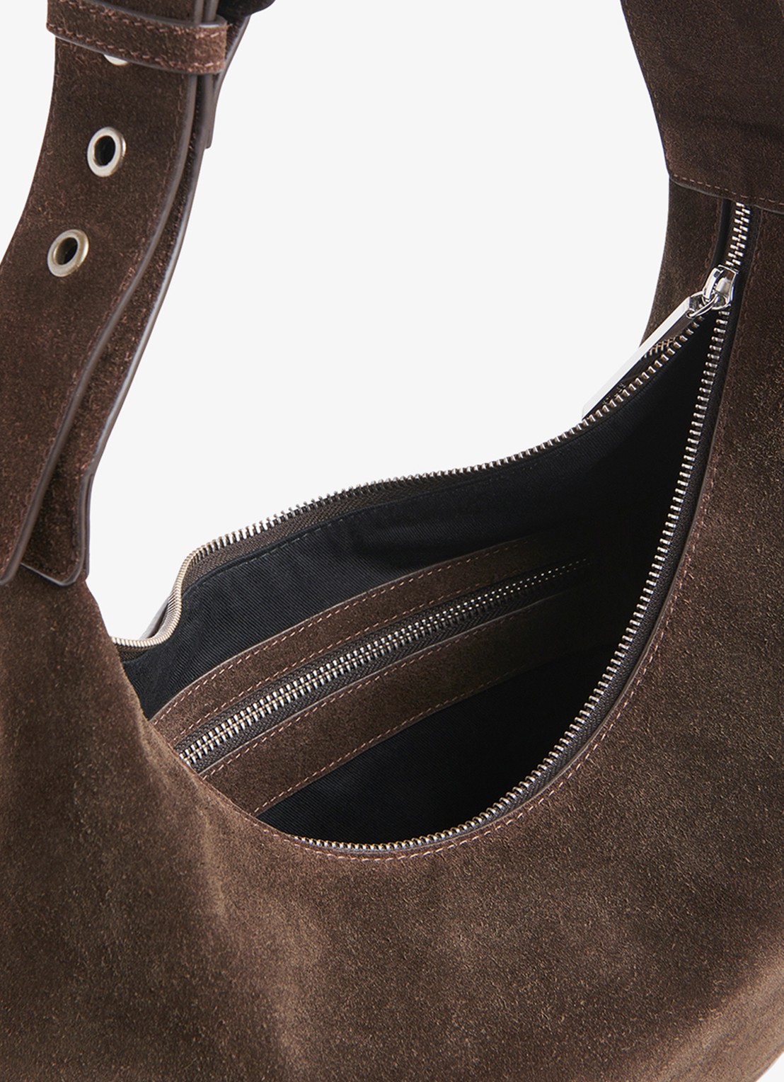 Whistles Sia crossbodytas van suède met verstelbare schouderriem  - detail 4 donkerbruin
