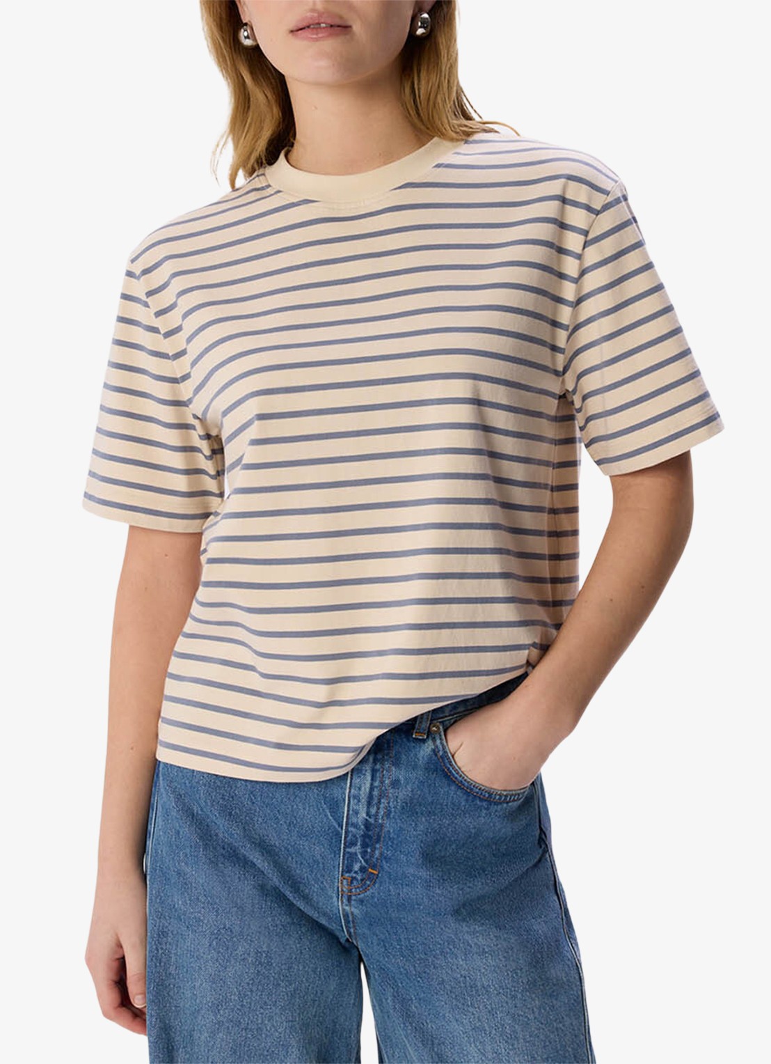 Whistles T-shirt met streepprint met ronde hals  - detail staalblauw