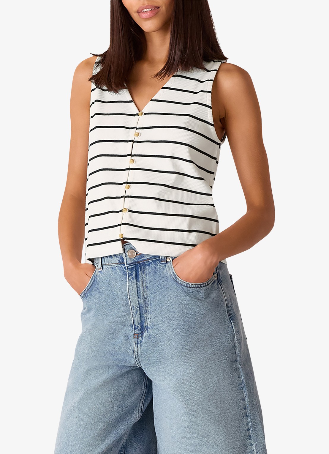 Whistles Top met streepprint en ribstructuur - voorkant 3 wit