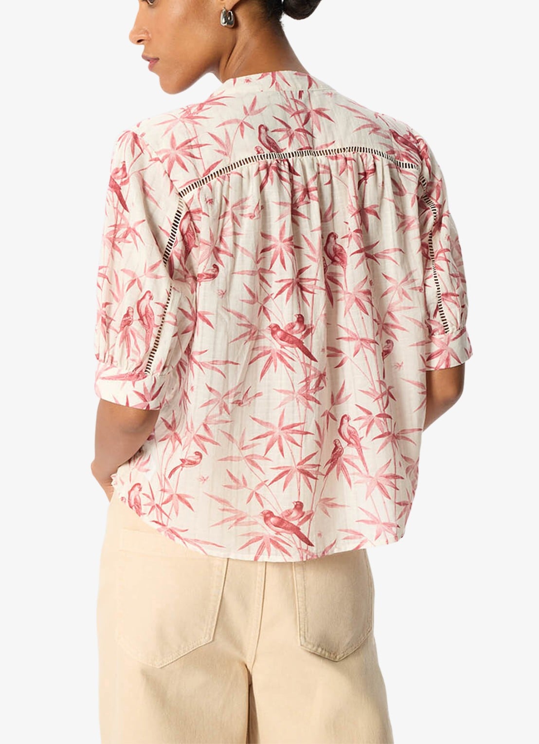 Whistles Tropical Print blouse met opengewerkt detail - achterkant 6 donkerroze