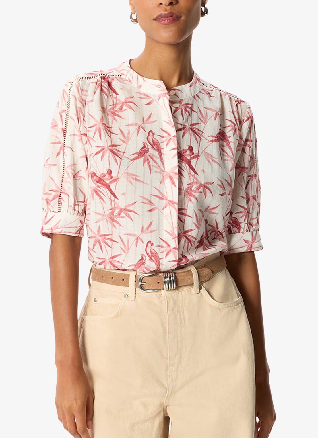 Whistles Tropical Print blouse met opengewerkt detail - detail 3 donkerroze