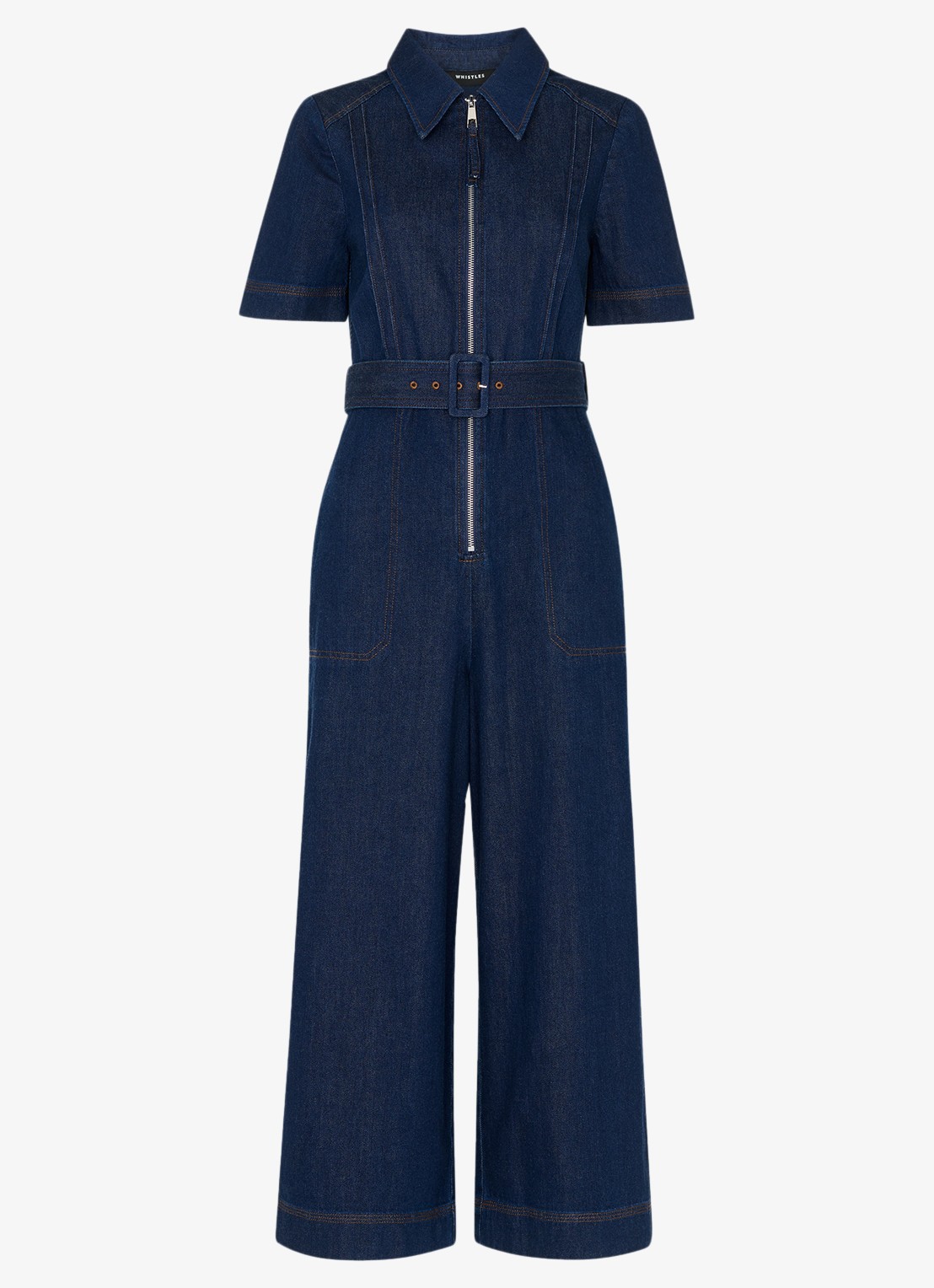 Whistles Wide fit cropped jumpsuit van denim - voorkant 2 indigo