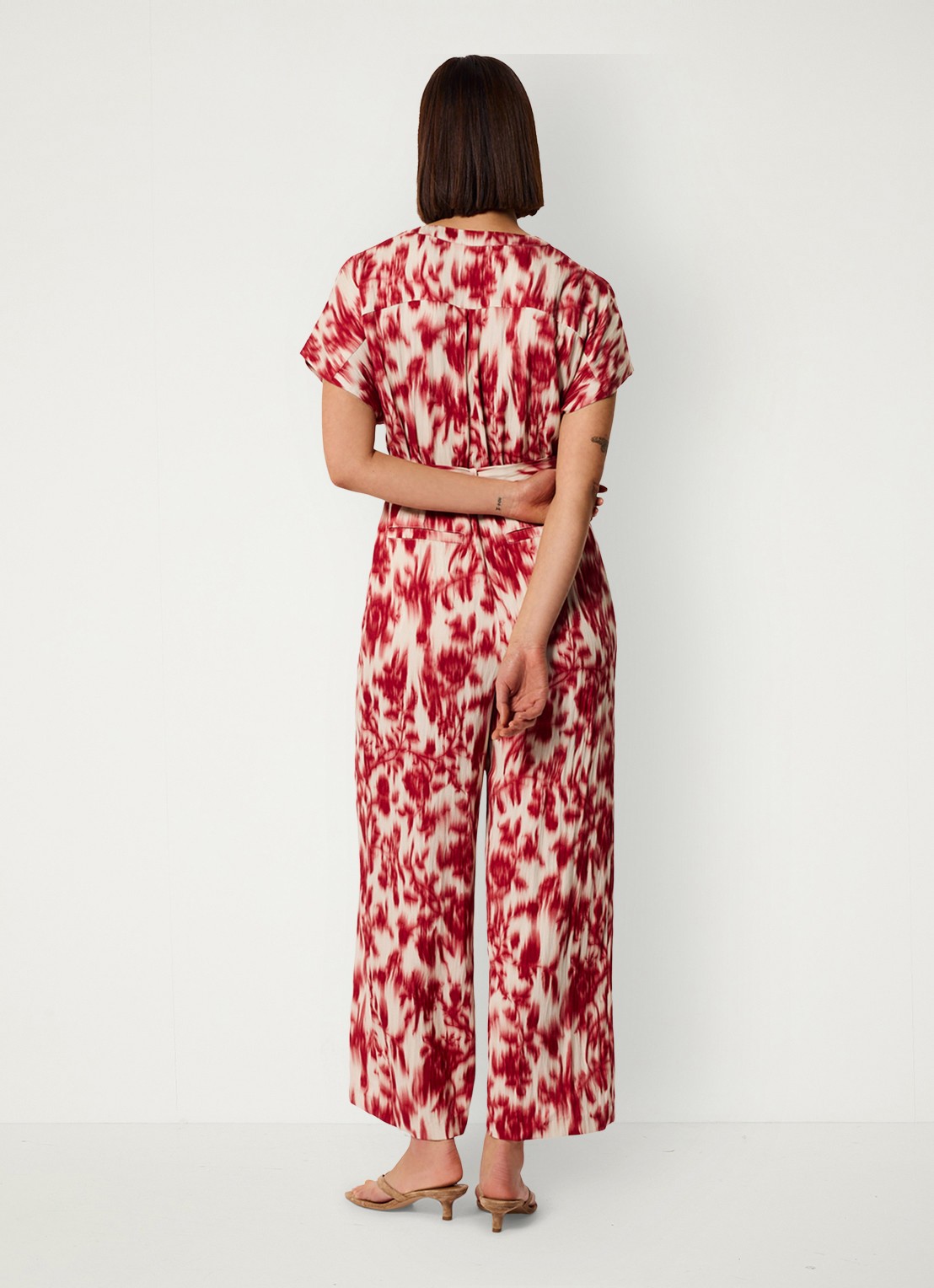 Whistles Wide fit jumpsuit met print en strikceintuur - achterkant 4 rood