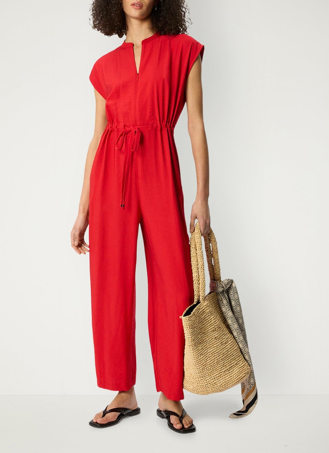 Whistles Wide fit jumpsuit met strikceintuur - voorkant 2 steenrood