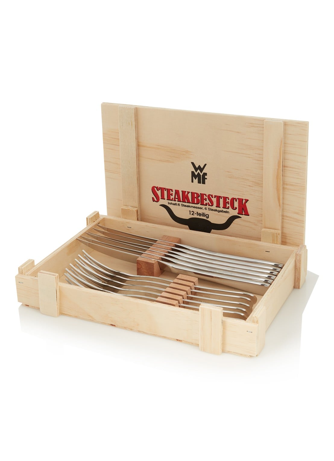 WMF Steakbestekset 12-delig in kist van hout - detail zilver