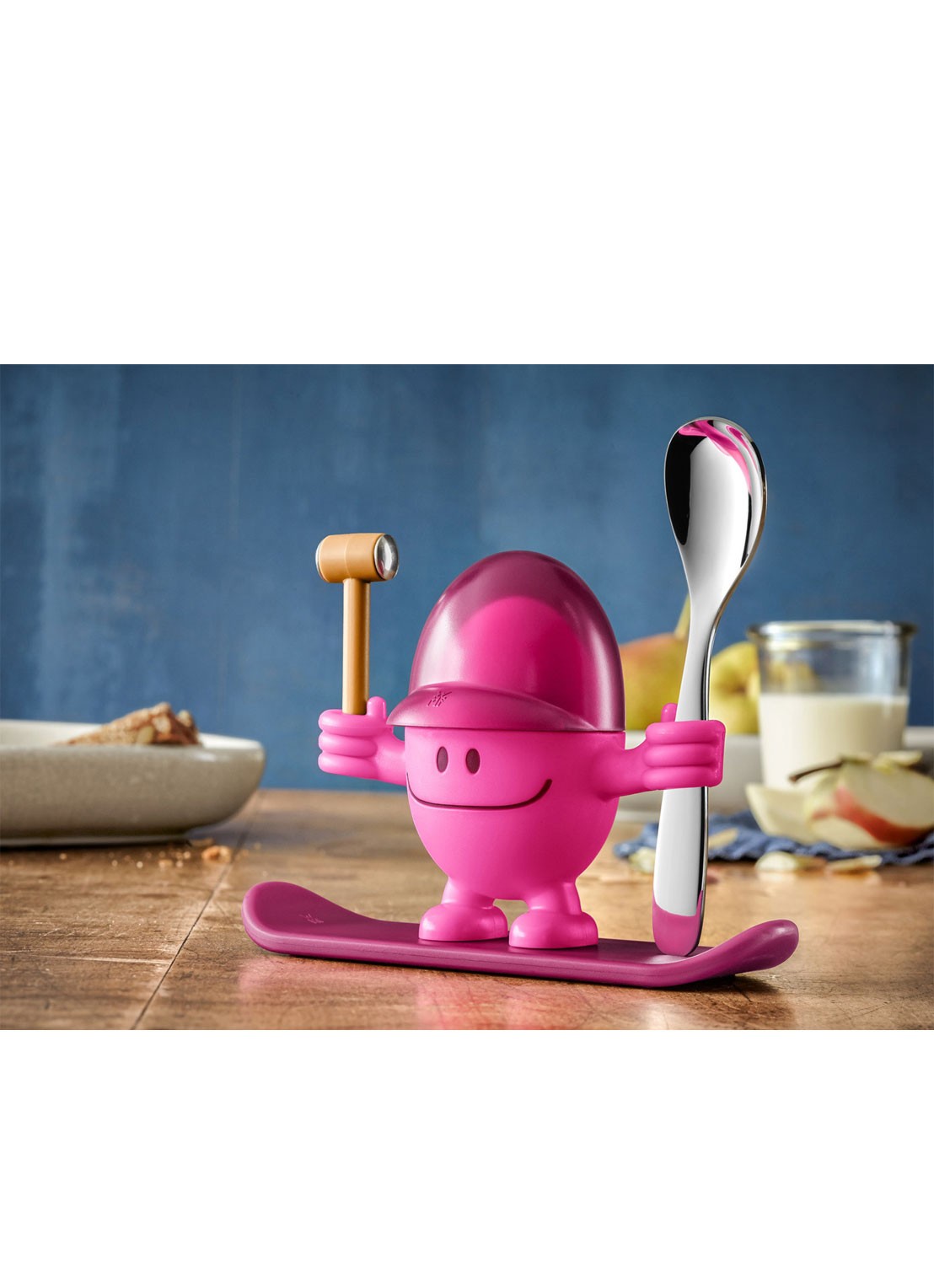 WMF Willy Mia Fred McEgg eierdop met lepel 11 cm - voorkant 2 roze