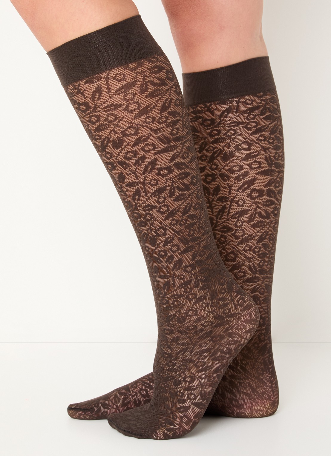 Wolford Bouquet kniekousen met bloemenprint in 30 denier - voorkant 3 bruin