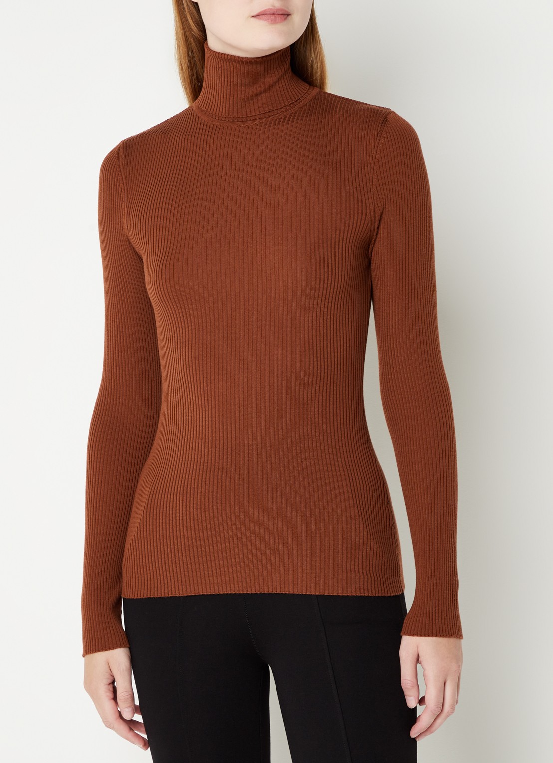 Wolford Merino ribgebreide trui van wol met col - detail bruin