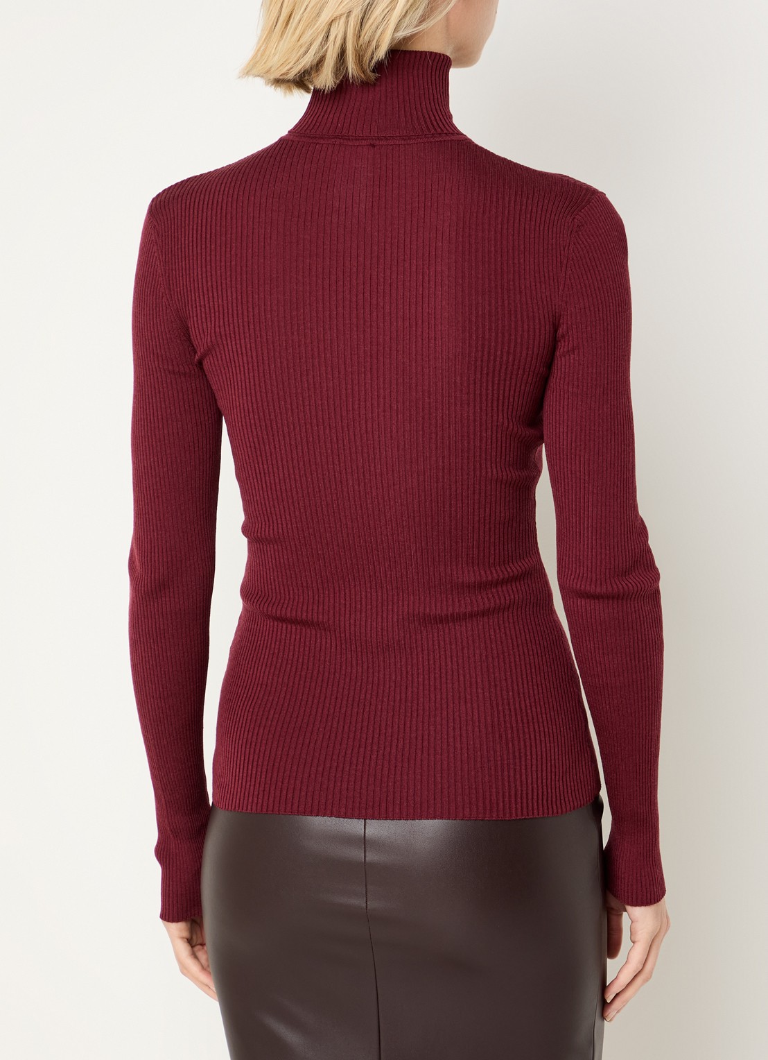 Wolford Merino ribgebreide trui van wol met col - achterkant donkerrood