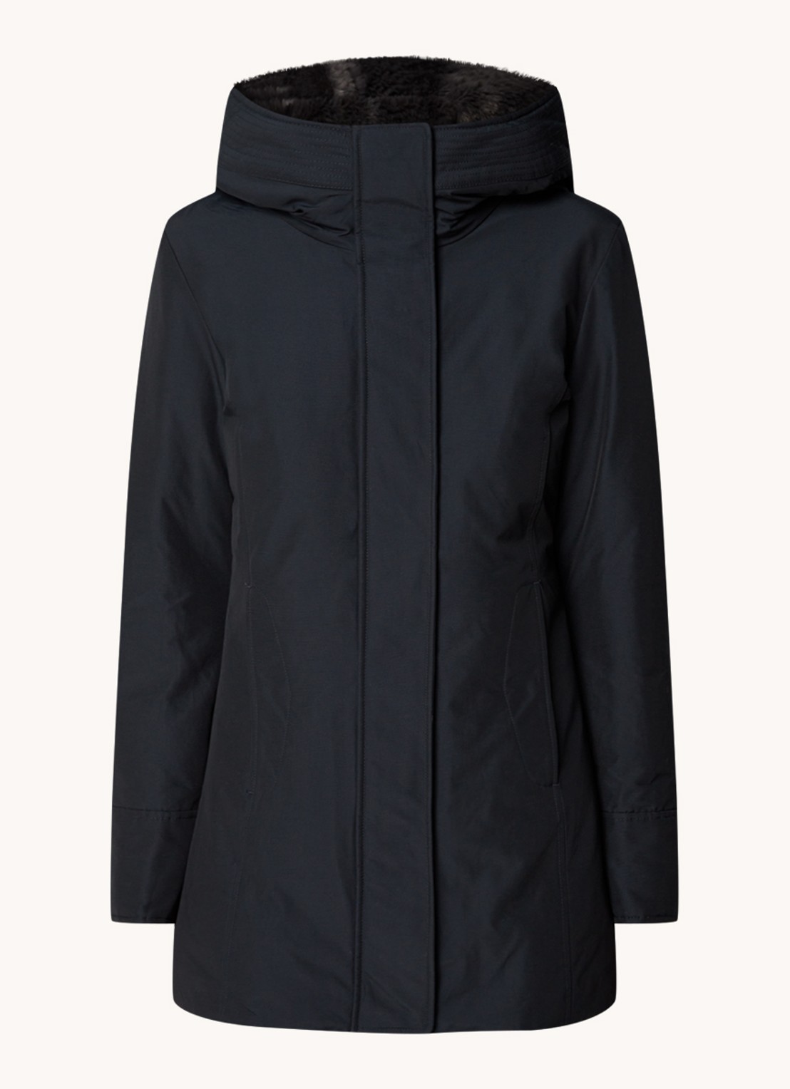 Woolrich Boulder gewatteerde jas met capuchon en steekzakken - voorkant donkerblauw