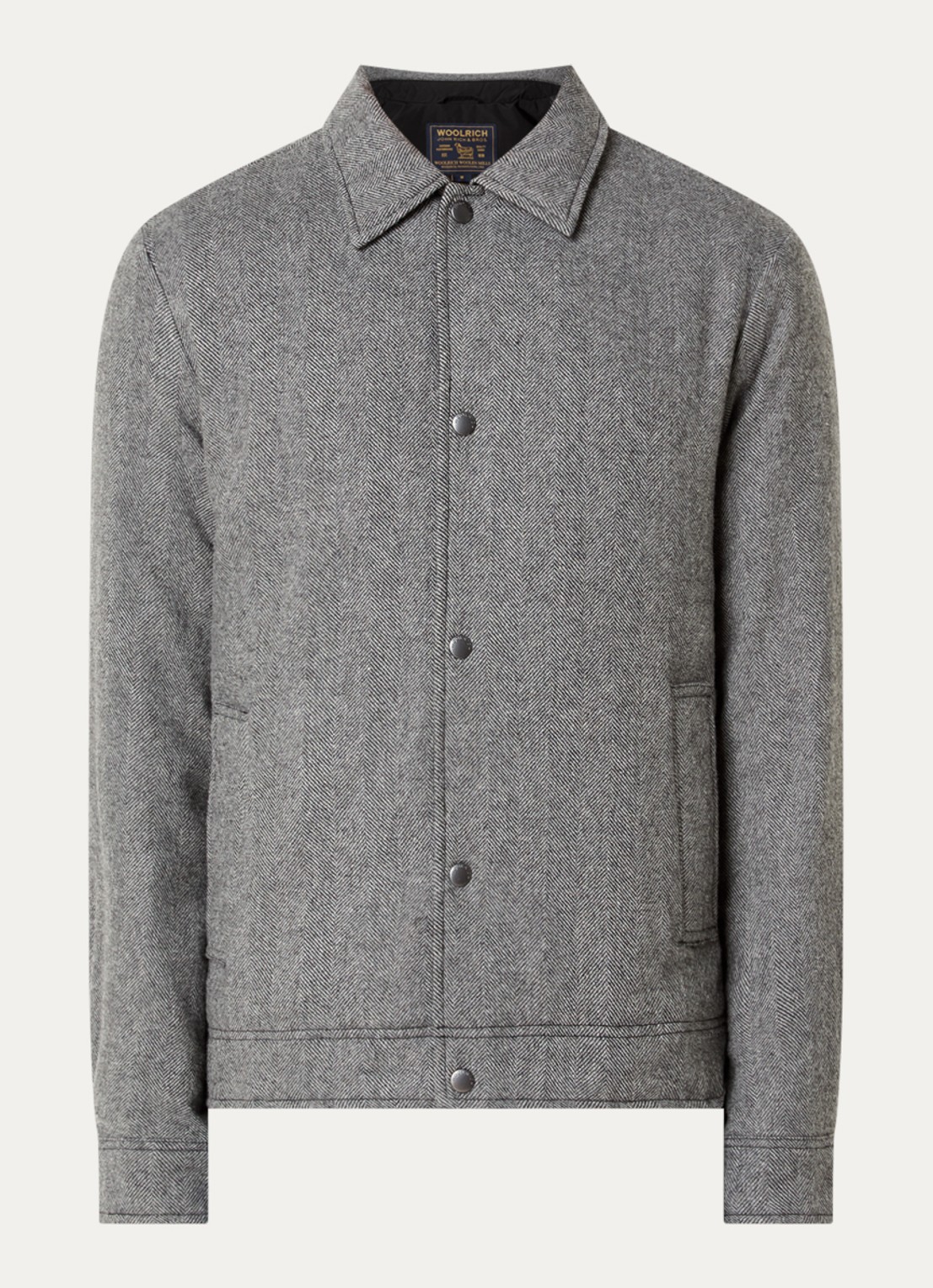 Woolrich Gewatteerd overshirt in wolblend met print - voorkant grijsmele