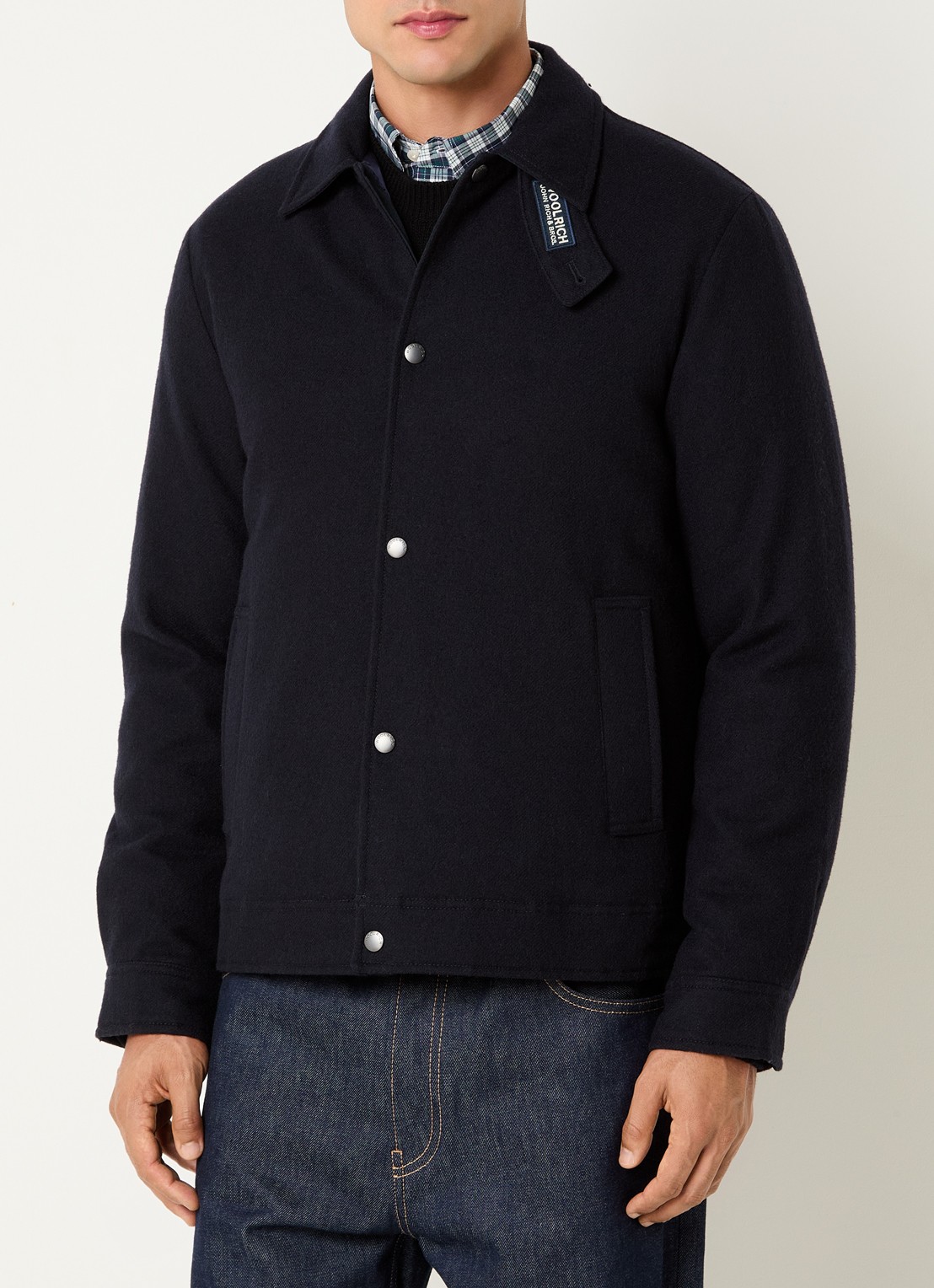 Woolrich Gewatteerd overshirt in wolblend met steekzakken - detail donkerblauw
