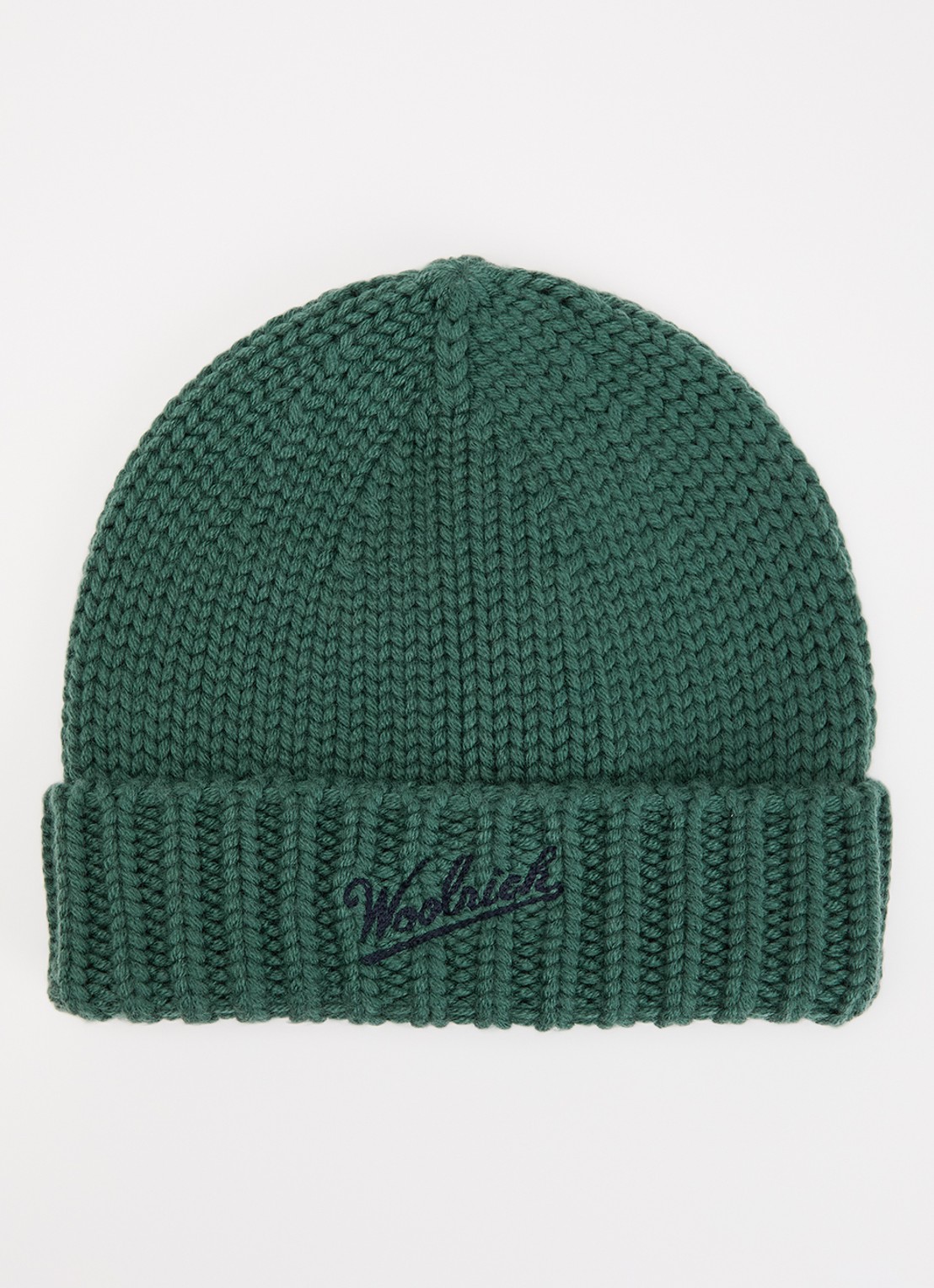Woolrich Grofgebreide muts van scheerwol met logoborduring - voorkant zeegroen