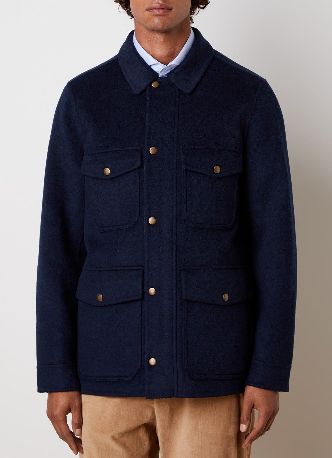 Woolrich Jack in wolblend met klepzakken - detail donkerblauw