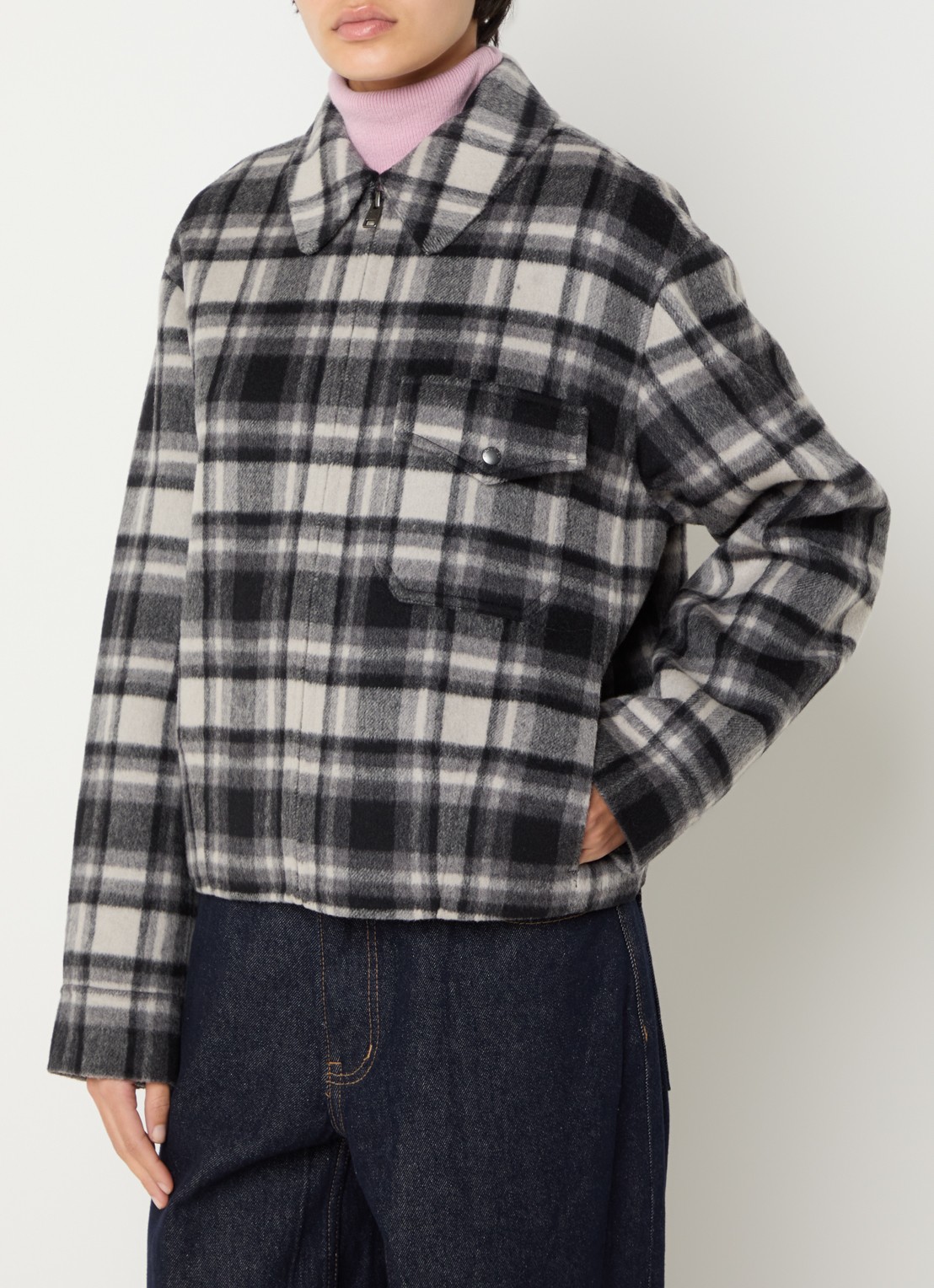 Woolrich Jack in wolblend met steekzakken en ruitdessin - detail grijs