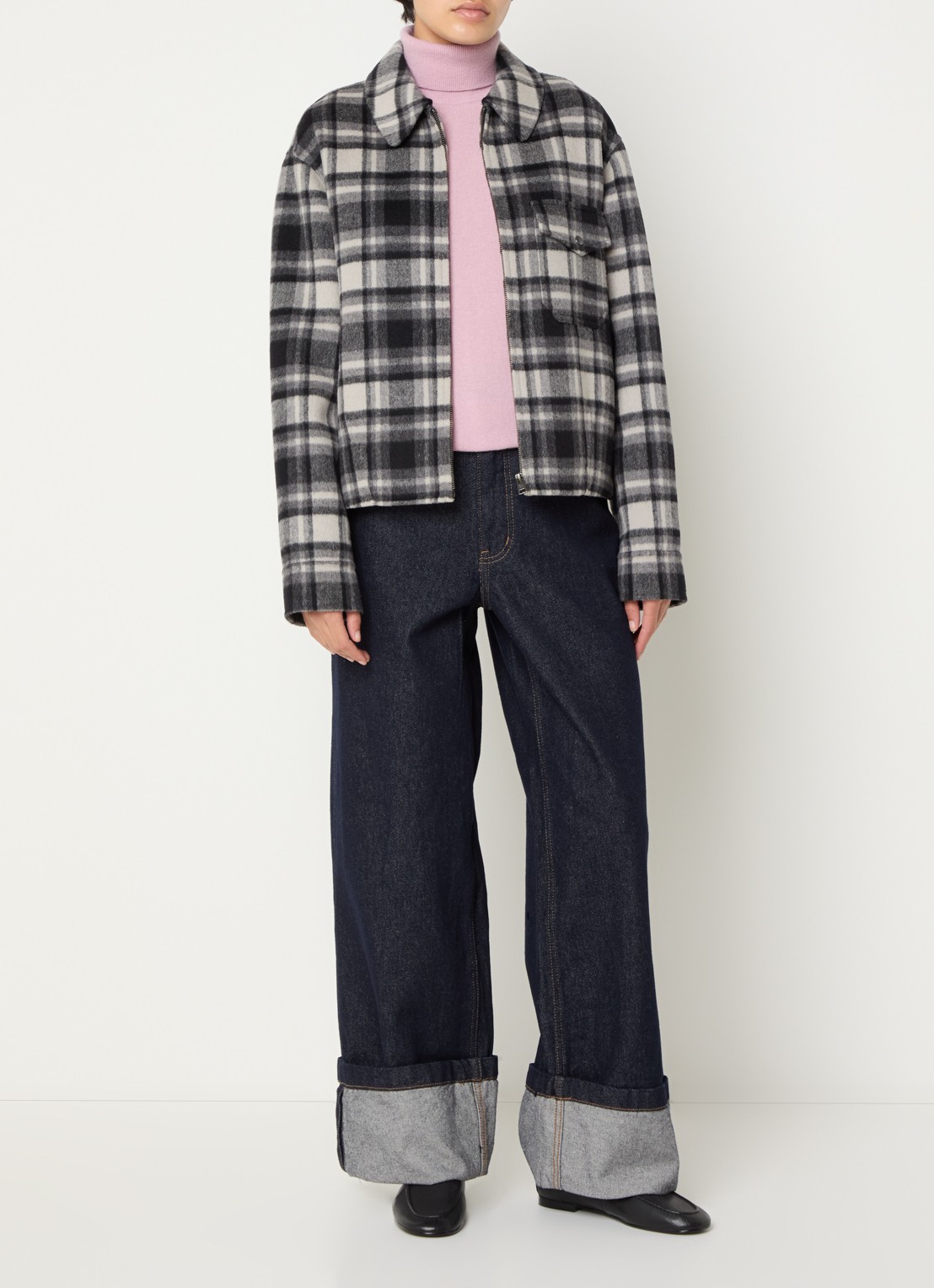 Woolrich Jack in wolblend met steekzakken en ruitdessin - voorkant 3 grijs