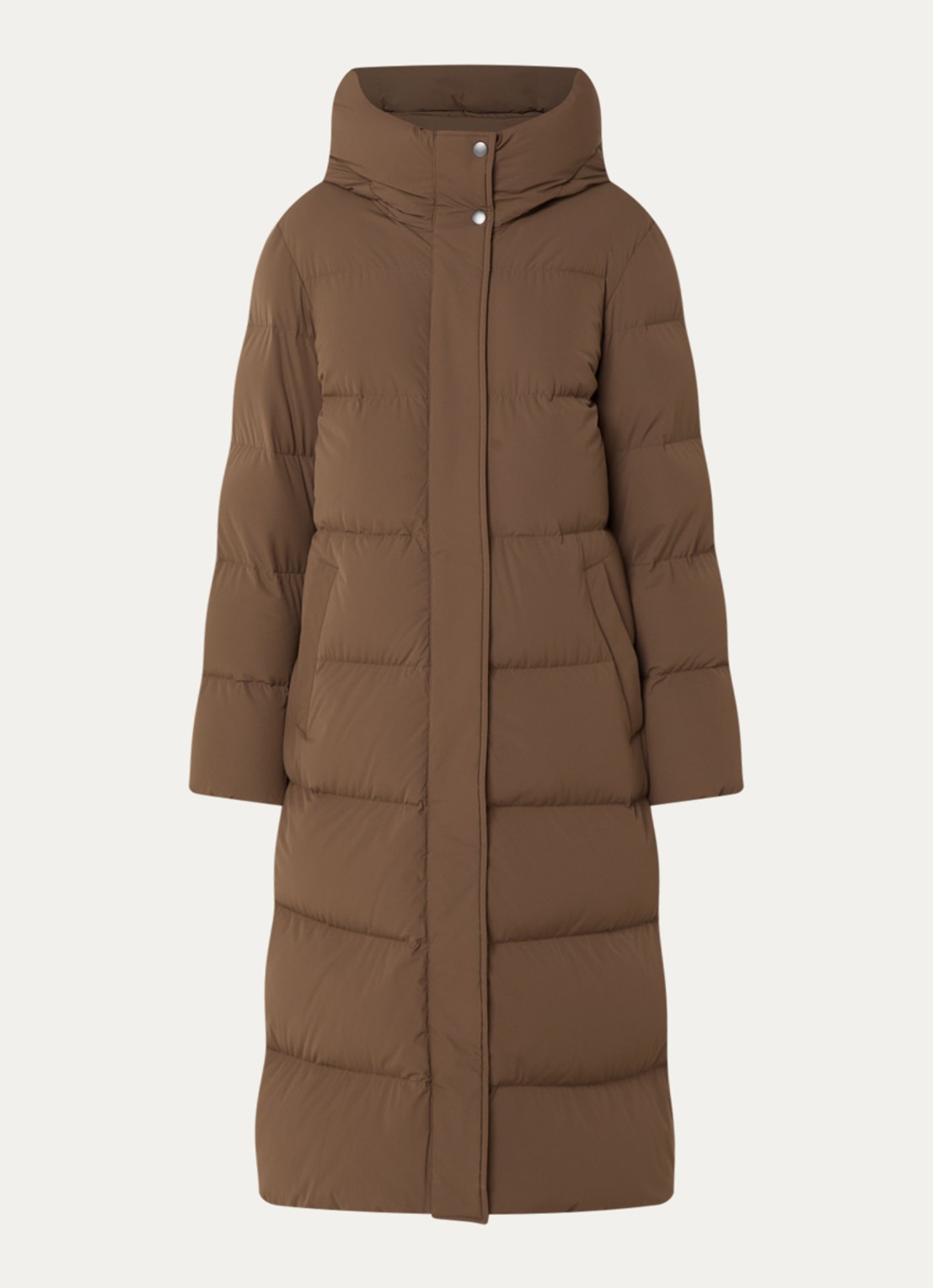 Woolrich Madison longline puffer jack met donsvulling - voorkant 2 cognac