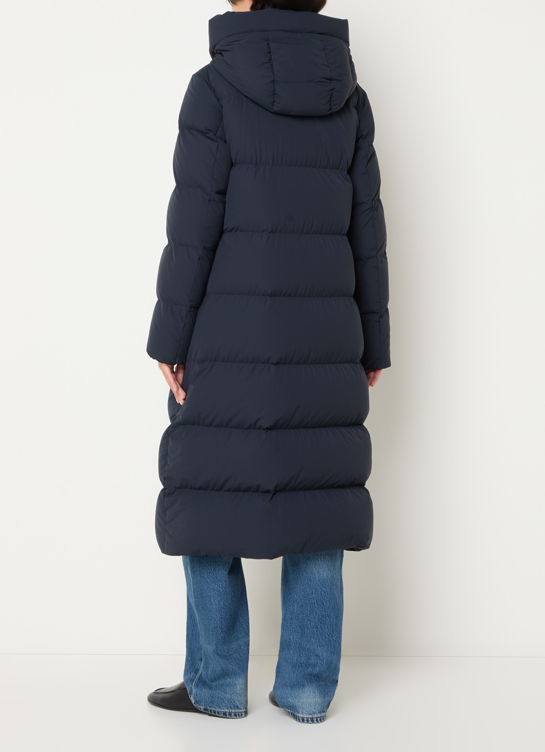 Woolrich Madison longline puffer jack met donsvulling - achterkant donkerblauw