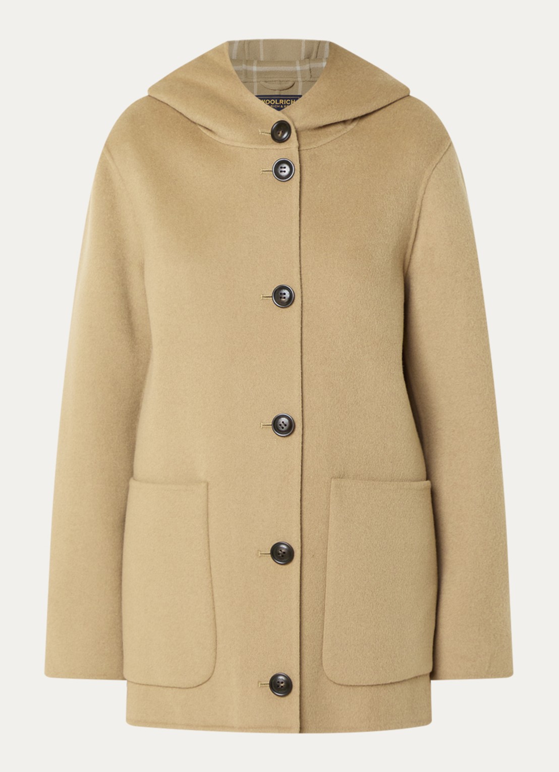 Woolrich Mantel van scheerwol met opgestikte zakken - voorkant 2 zand