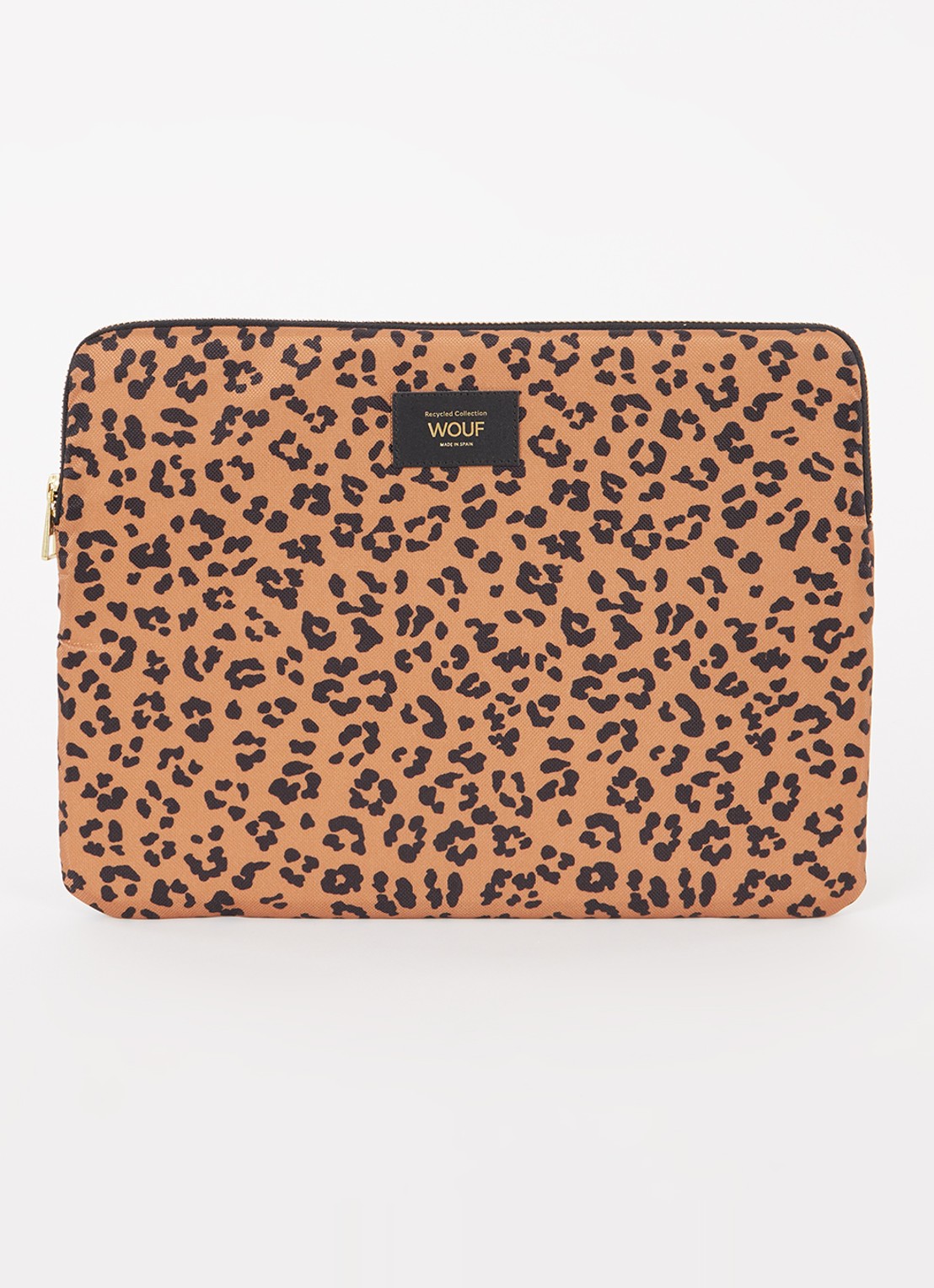 Wouf Agar laptophoes 13 en 14 inch met panterprint - voorkant 2 oranjebruin
