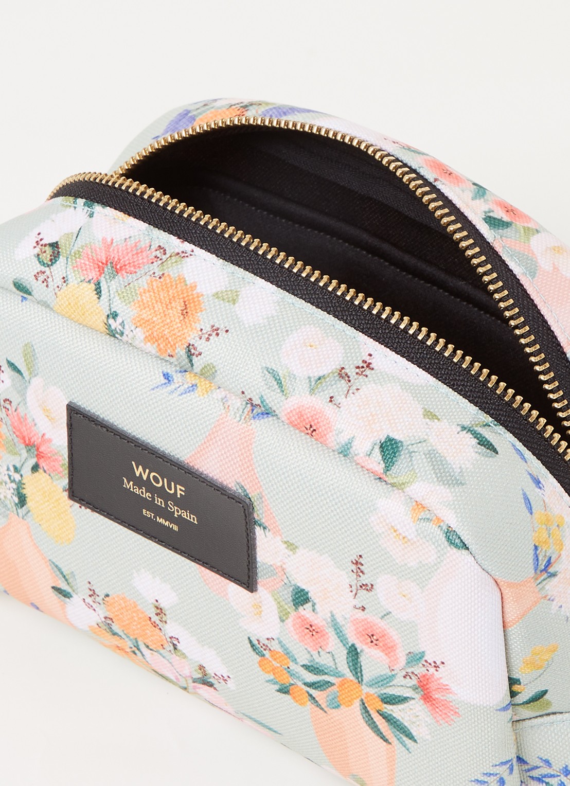 Wouf Aida toilettas met leren details en bloemenprint - detail 3 lindegroen