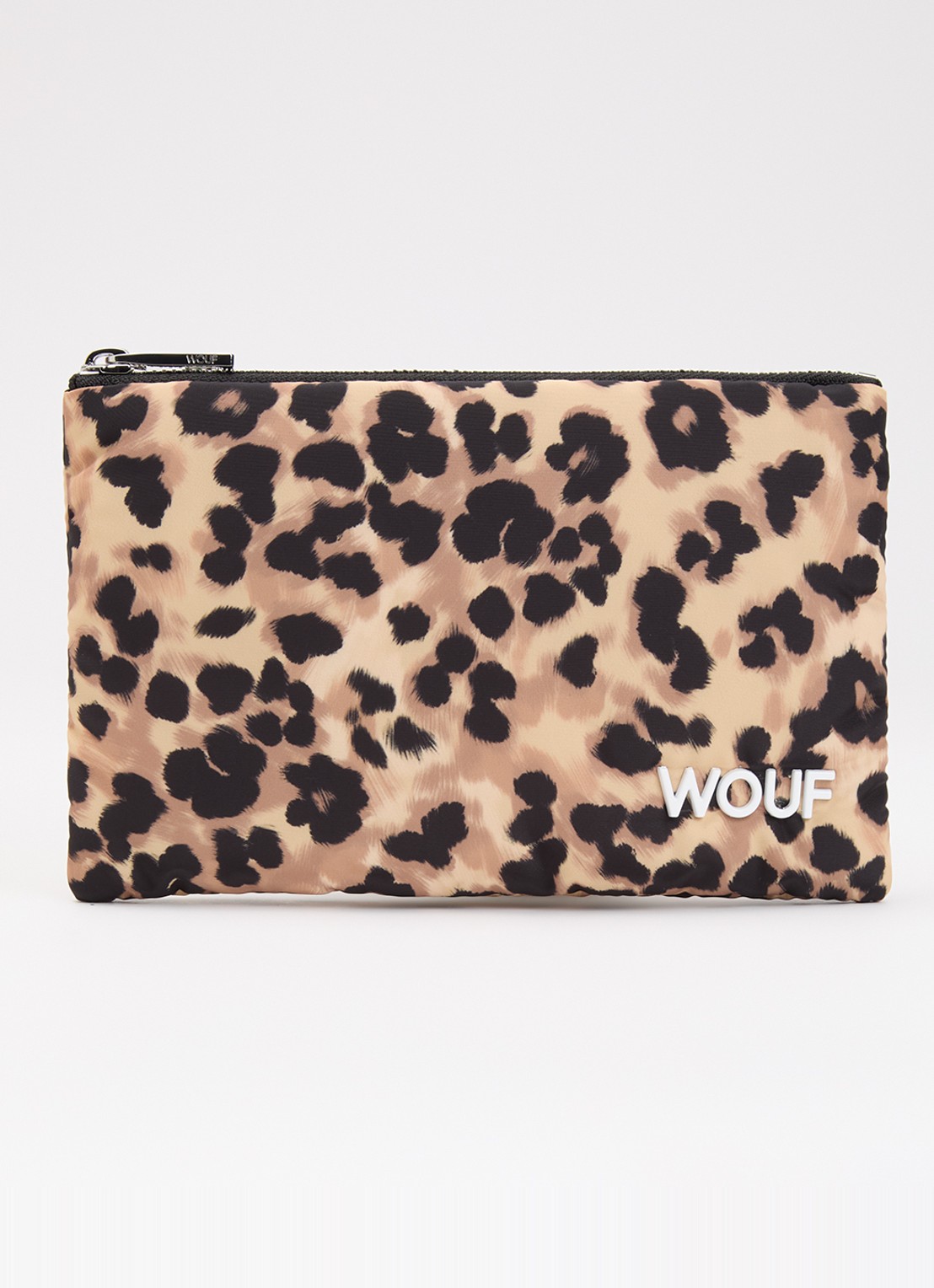 Wouf Feline toilettas met panterprint en logo - voorkant zand