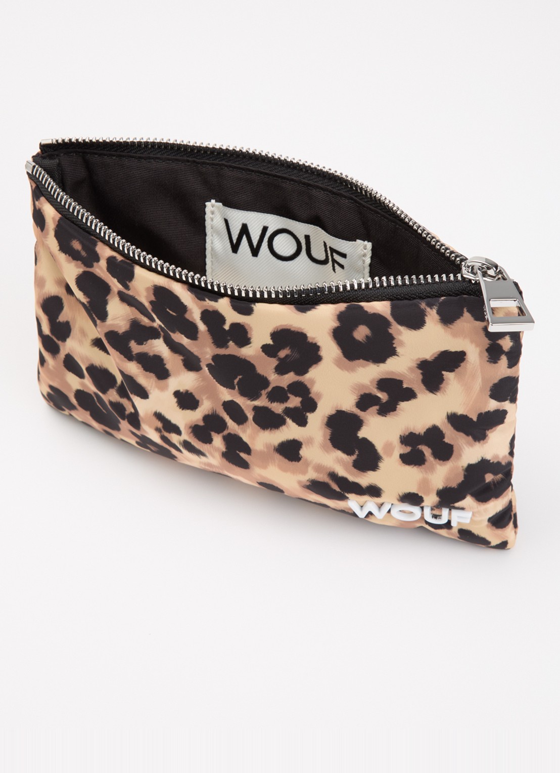 Wouf Feline toilettas met panterprint en logo - voorkant 2 zand