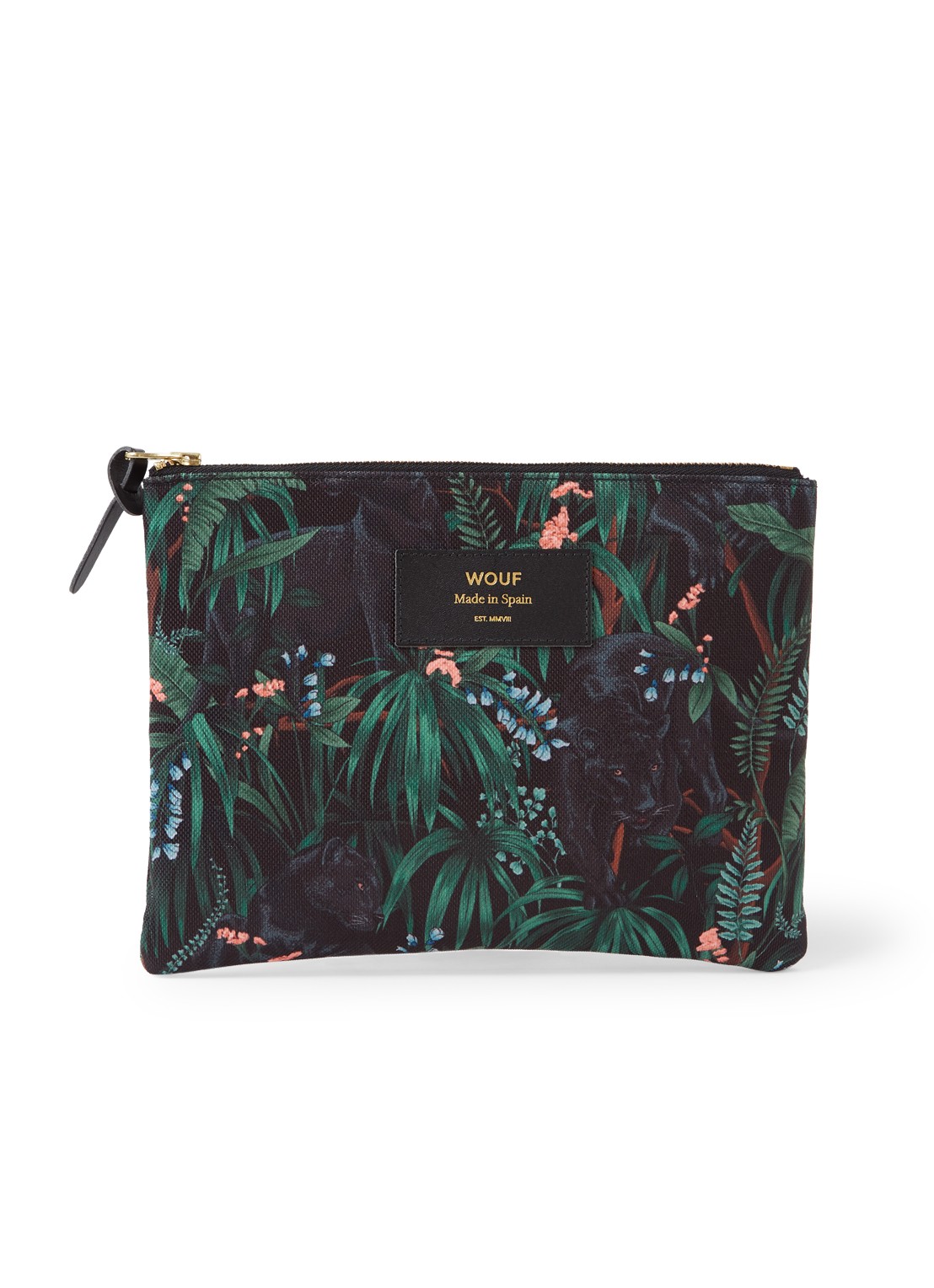 Wouf Janne Large clutch met leren details en print - voorkant donkergroen
