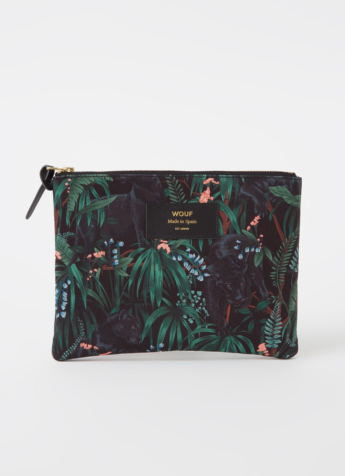 Wouf Janne Large clutch met leren details en print - voorkant 2 donkergroen