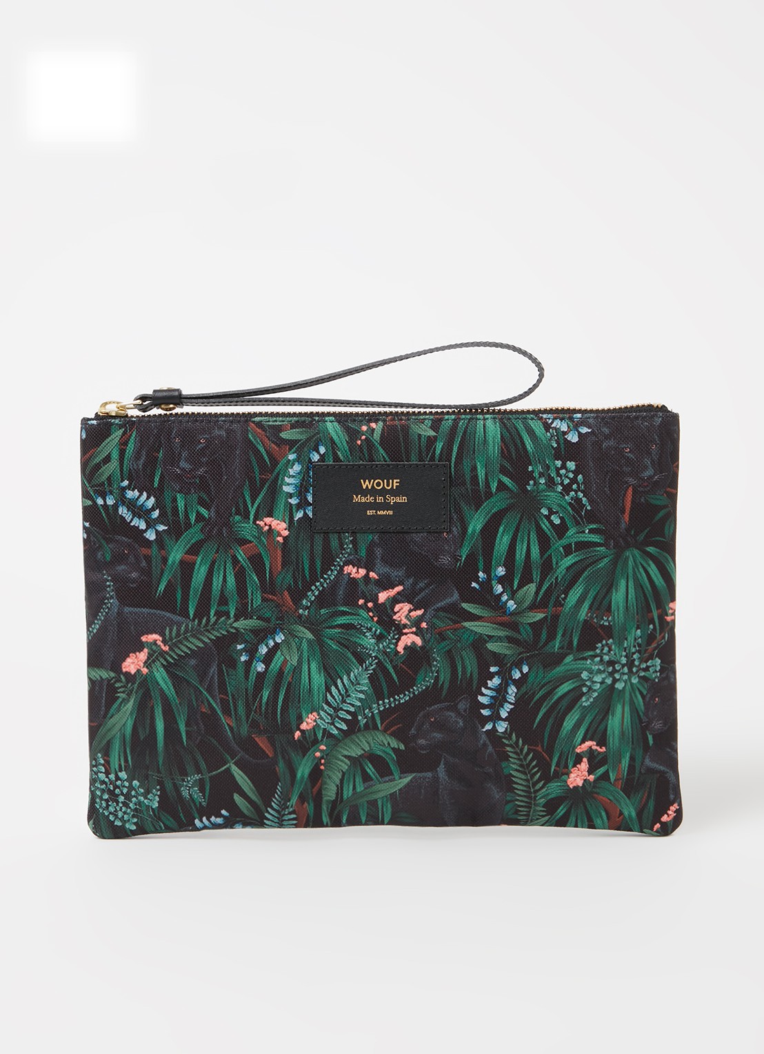 Wouf Janne XL clutch met leren details en print  - voorkant 2 donkergroen
