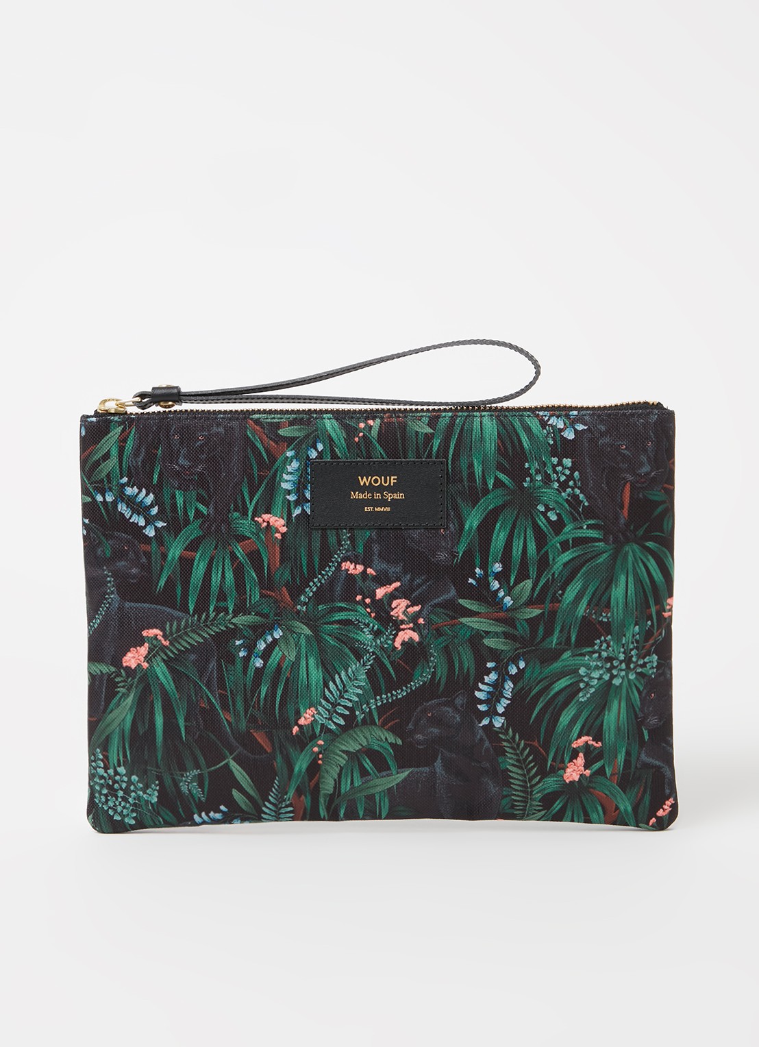 Wouf Janne XL clutch met leren details en print  - voorkant 3 donkergroen