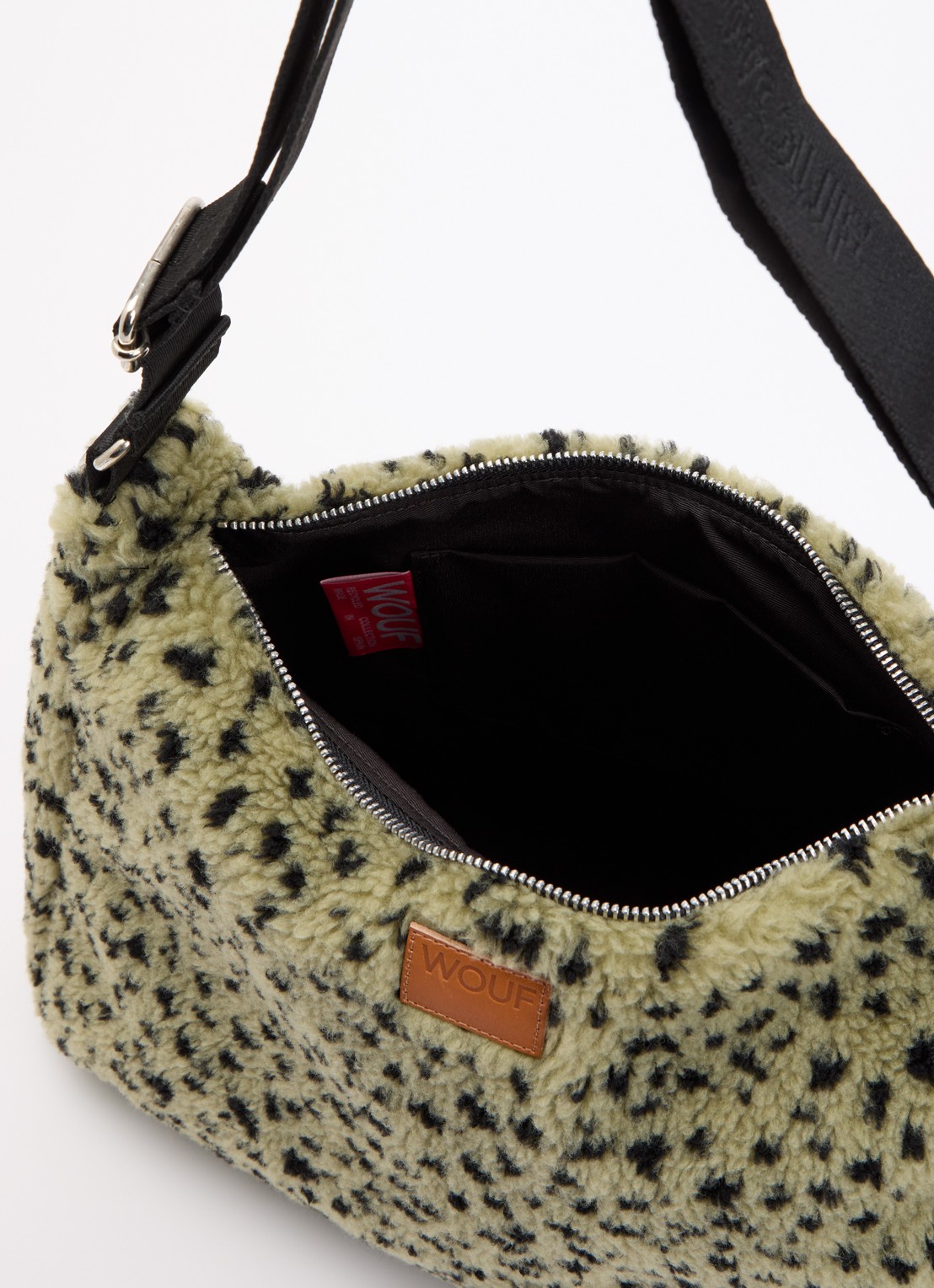 Wouf Olivia Hobo schoudertas van teddy met print - detail 2 groen