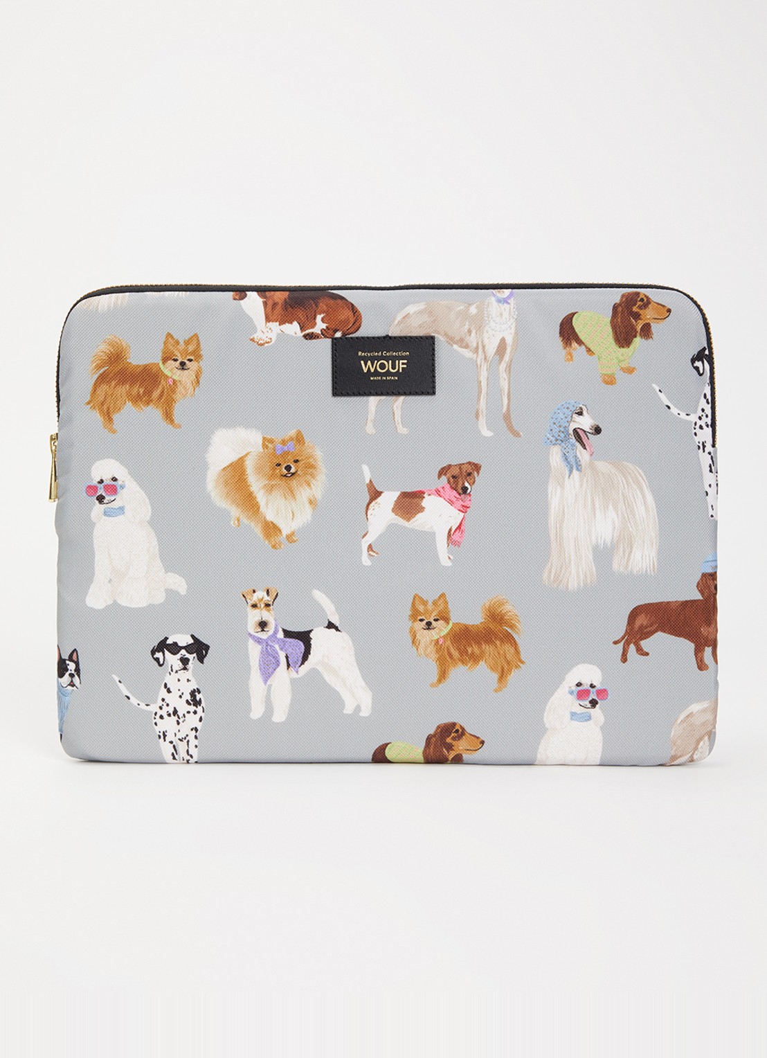 Wouf Puppy laptophoes met print 14 inch - voorkant 2 lichtgrijs
