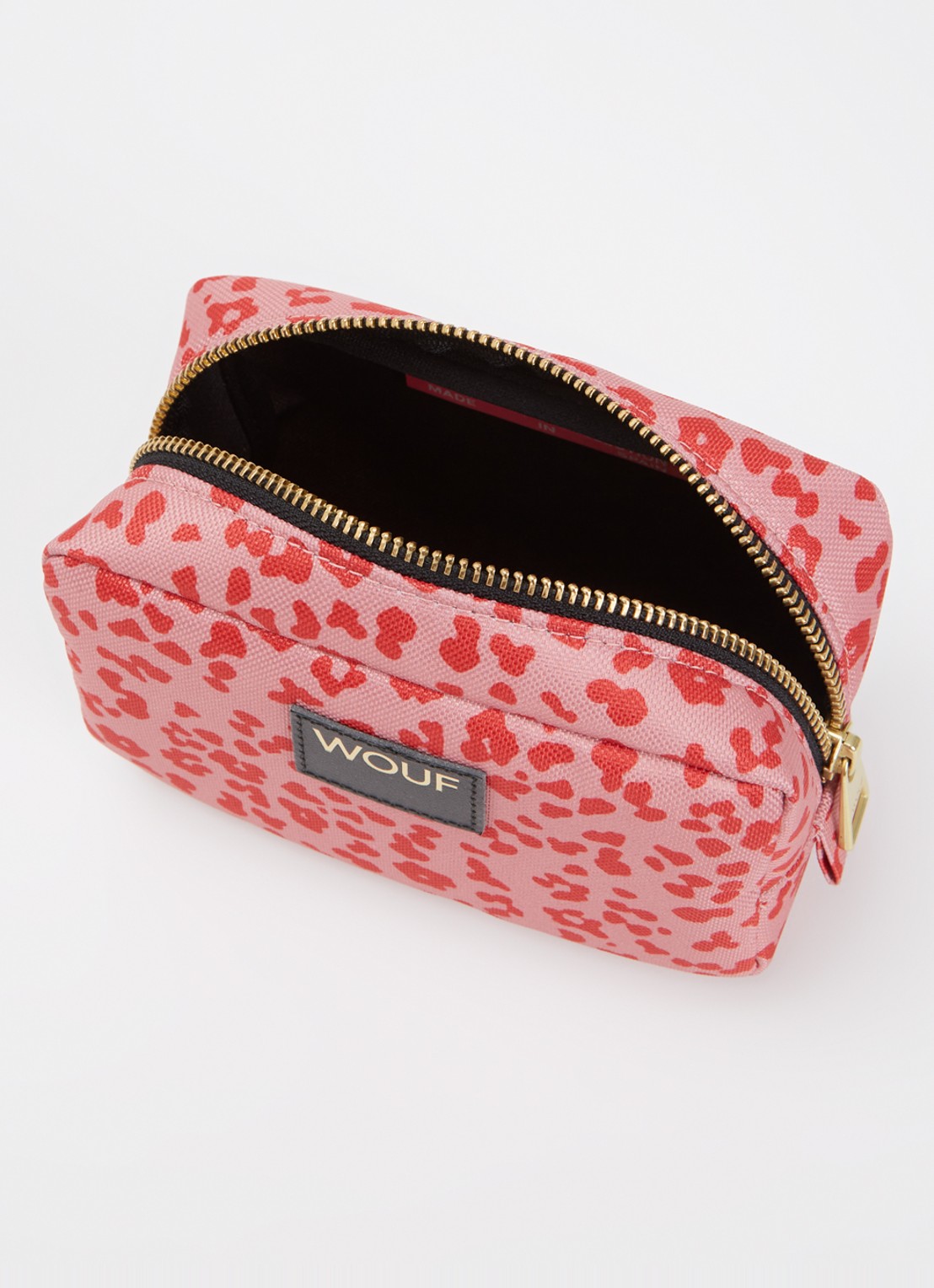 Wouf Roar make-up tas met panterprint - detail 2 koraalroze