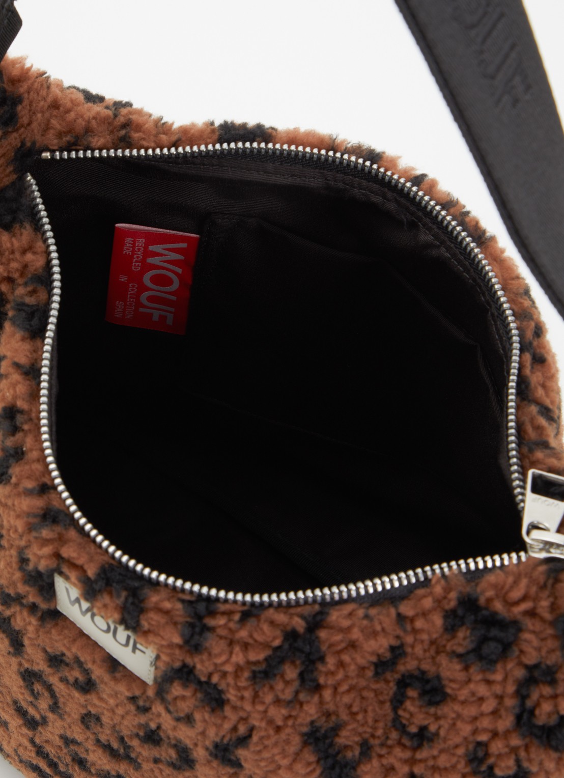 Wouf Simona Hobo schoudertas van teddy met panterprint - detail 3 bruin