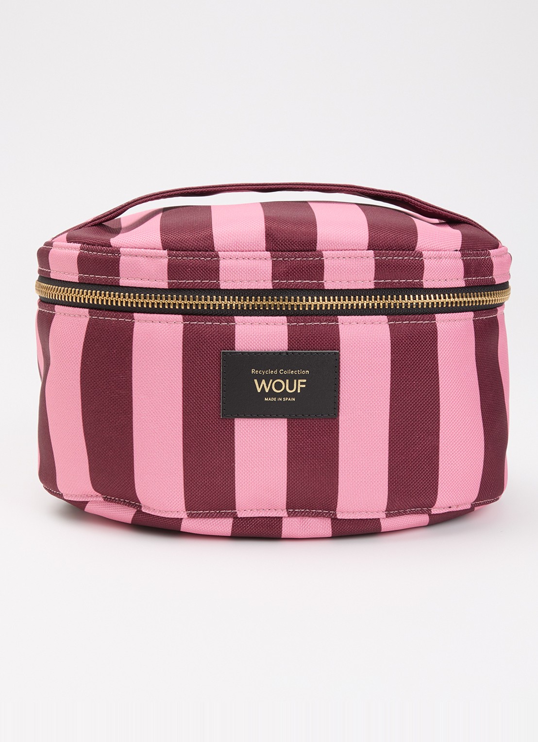 Wouf Sophie make-up tas met streepprint - voorkant roze