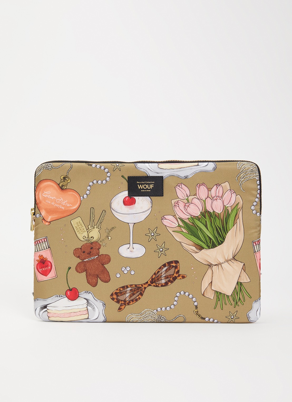 Wouf Tender laptophoes met print 14 inch - voorkant 2 mosgroen