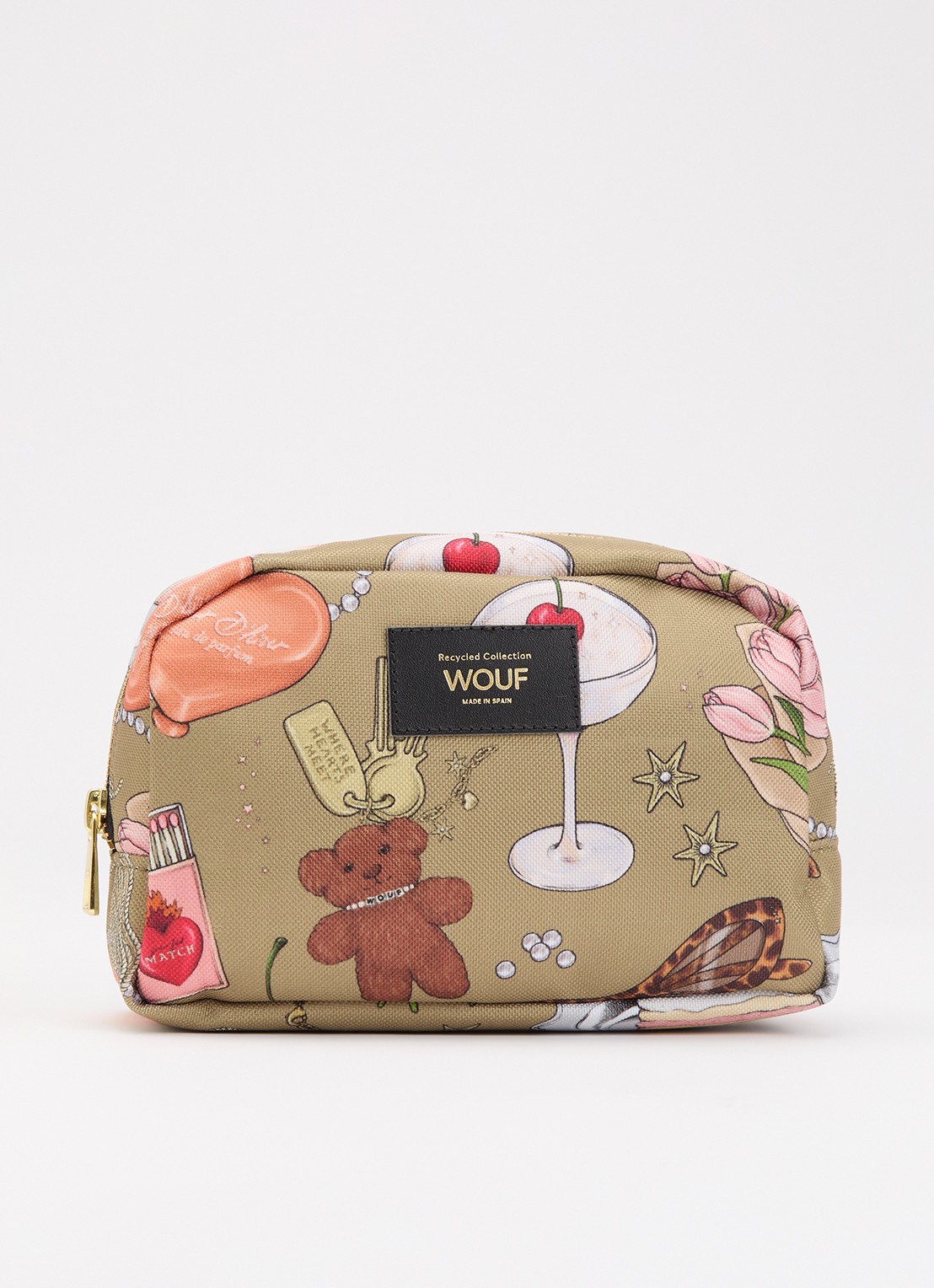 Wouf Tender toilettas met print - voorkant mosgroen
