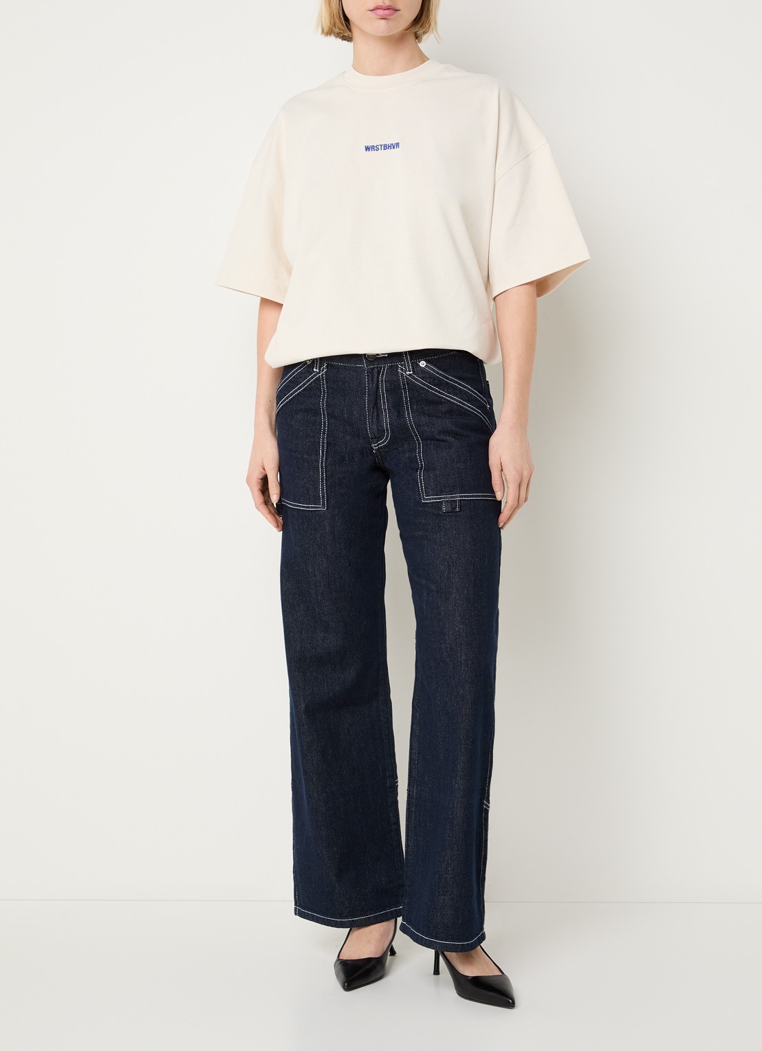 WRSTBHVR Leandra mid waist wide leg jeans met donkere wassing - voorkant 2 indigo