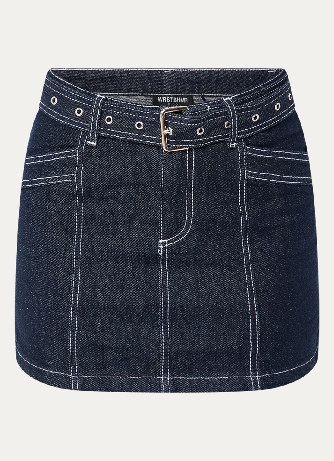 WRSTBHVR Leandra mini spijkerrok met ceintuur - voorkant donkerblauw