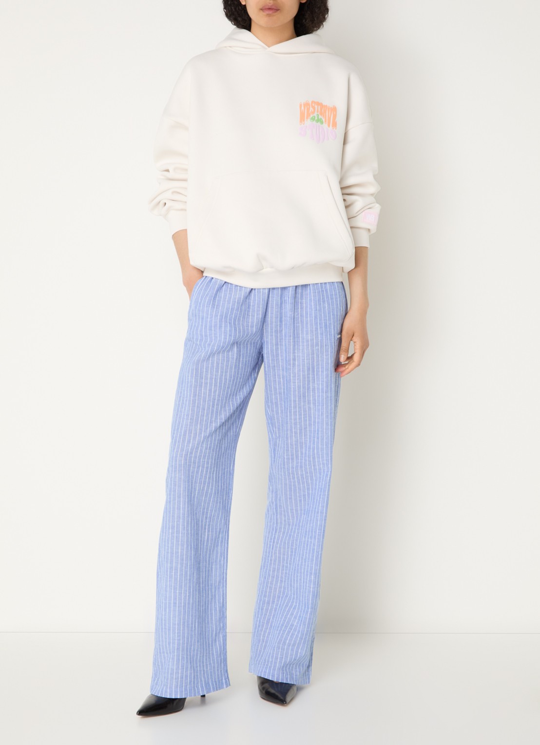 WRSTBHVR Tavina high waist straight fit broek in linnenblend - voorkant 4 blauwgrijs