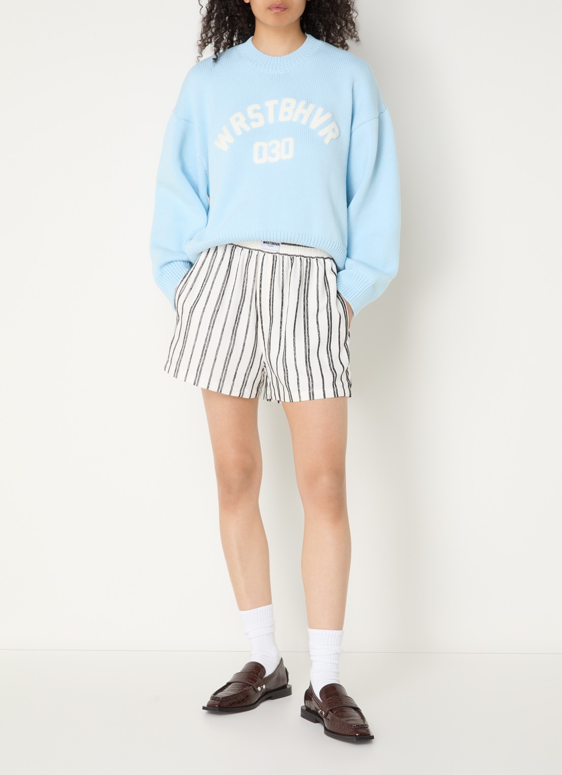 WRSTBHVR Tavina high waist straight fit korte broek met streepprint - voorkant 4 wit