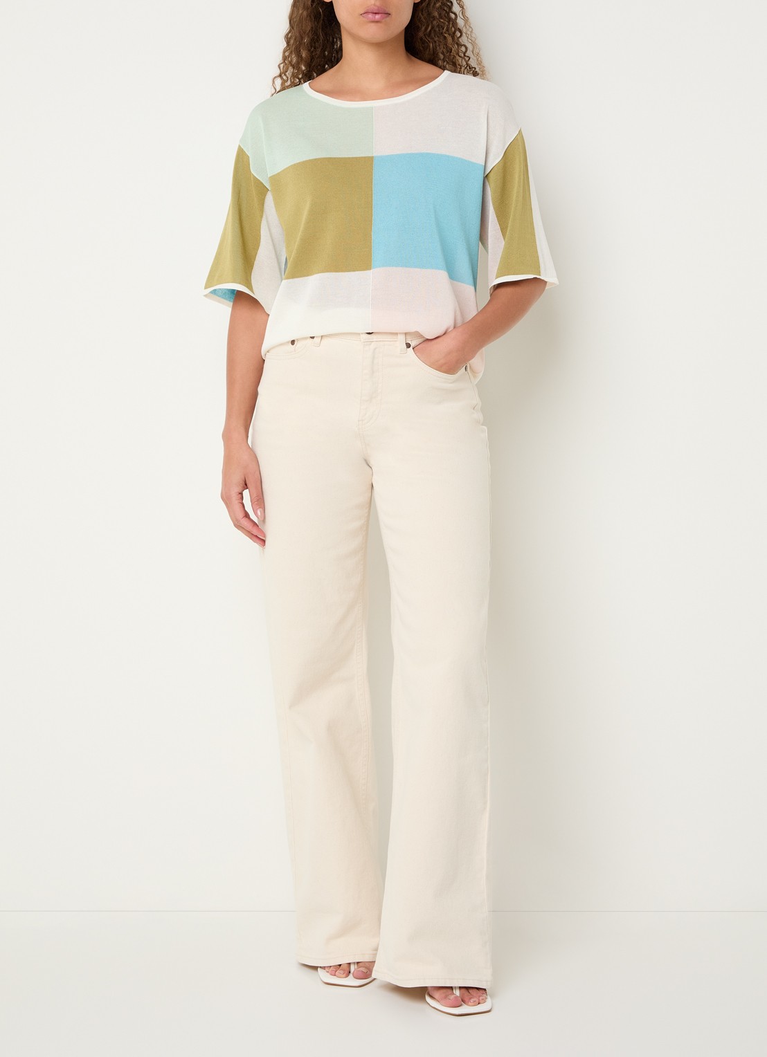 Xandres Aliena fijngebreide trui met colour blocking - voorkant 2 mosgroen