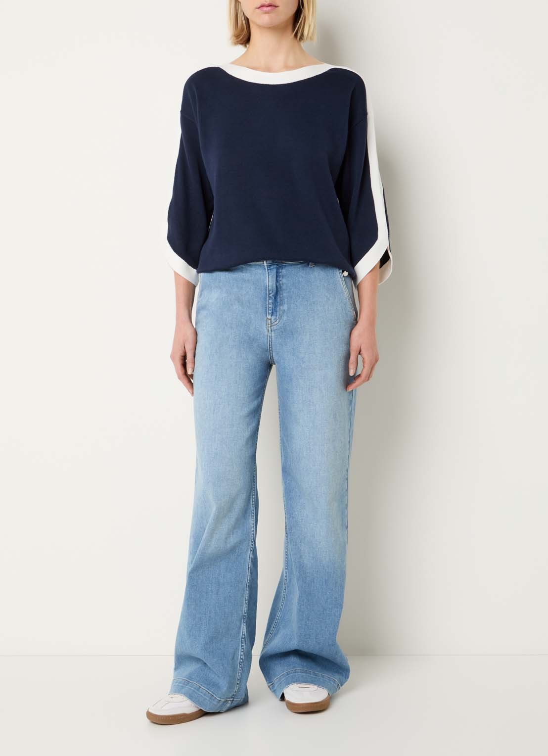 Xandres Azzuro fijngebreide pullover met boothals - voorkant 2 donkerblauw