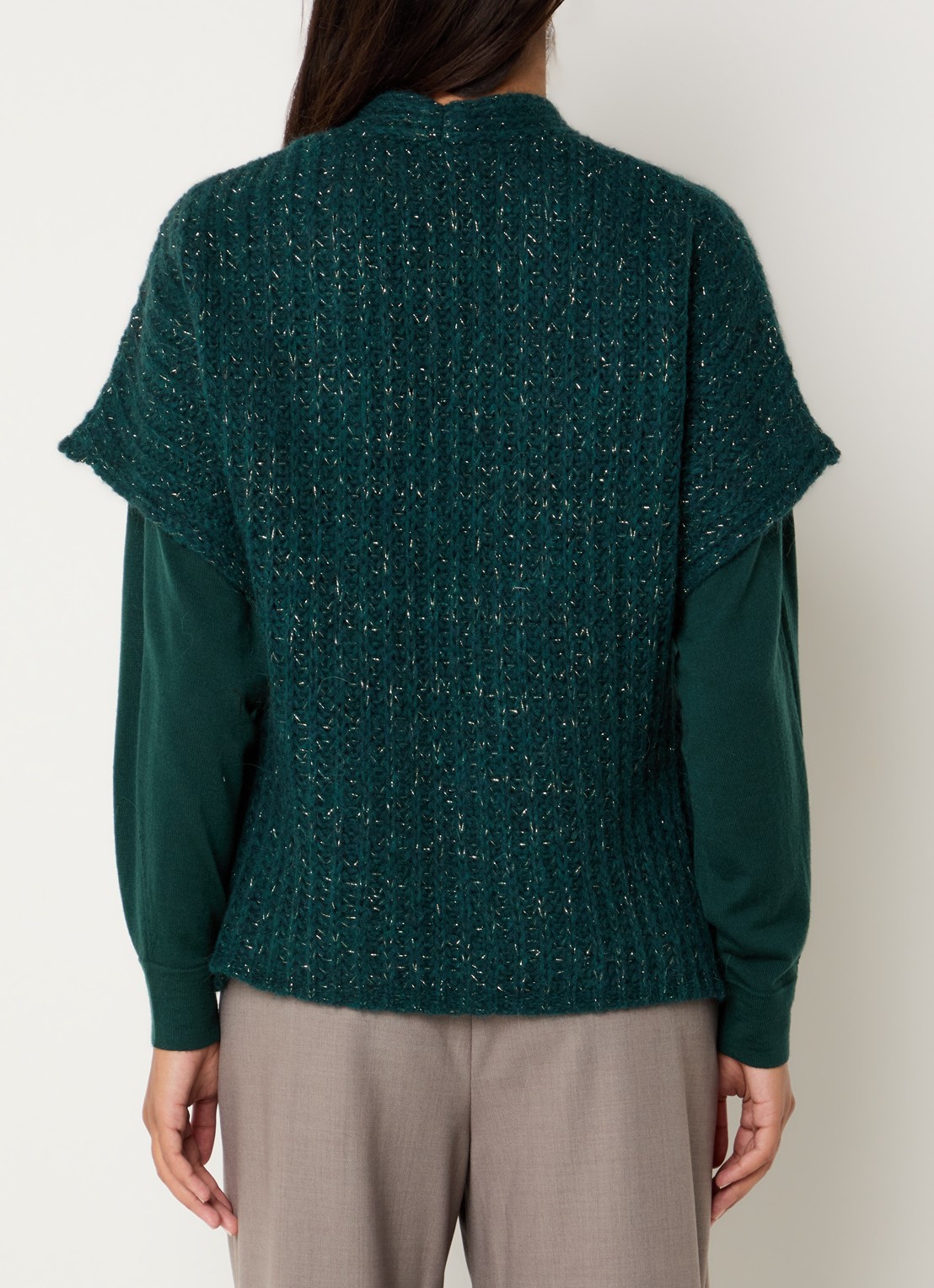 Xandres Bernadine grofgebreid openvallend vest in alpaca wolblend met lurex - achterkant 4 donkergroen