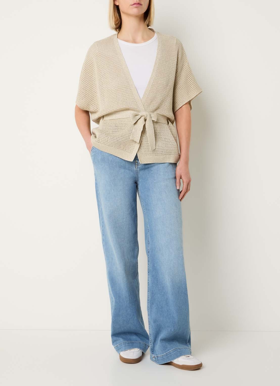 Xandres Binta grofgebreid gilet met lurex en strikceintuur - voorkant 4 lindegroen