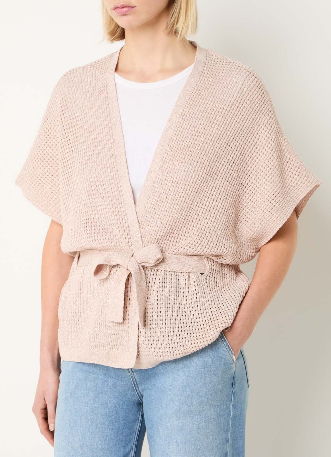 Xandres Binta grofgebreid gilet met lurex en strikceintuur - detail 4 oudroze