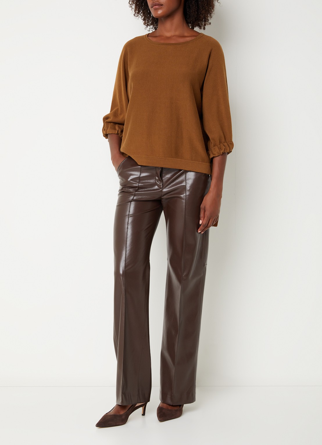 Xandres Fijngebreide pullover met ronde hals - voorkant 3 cognac